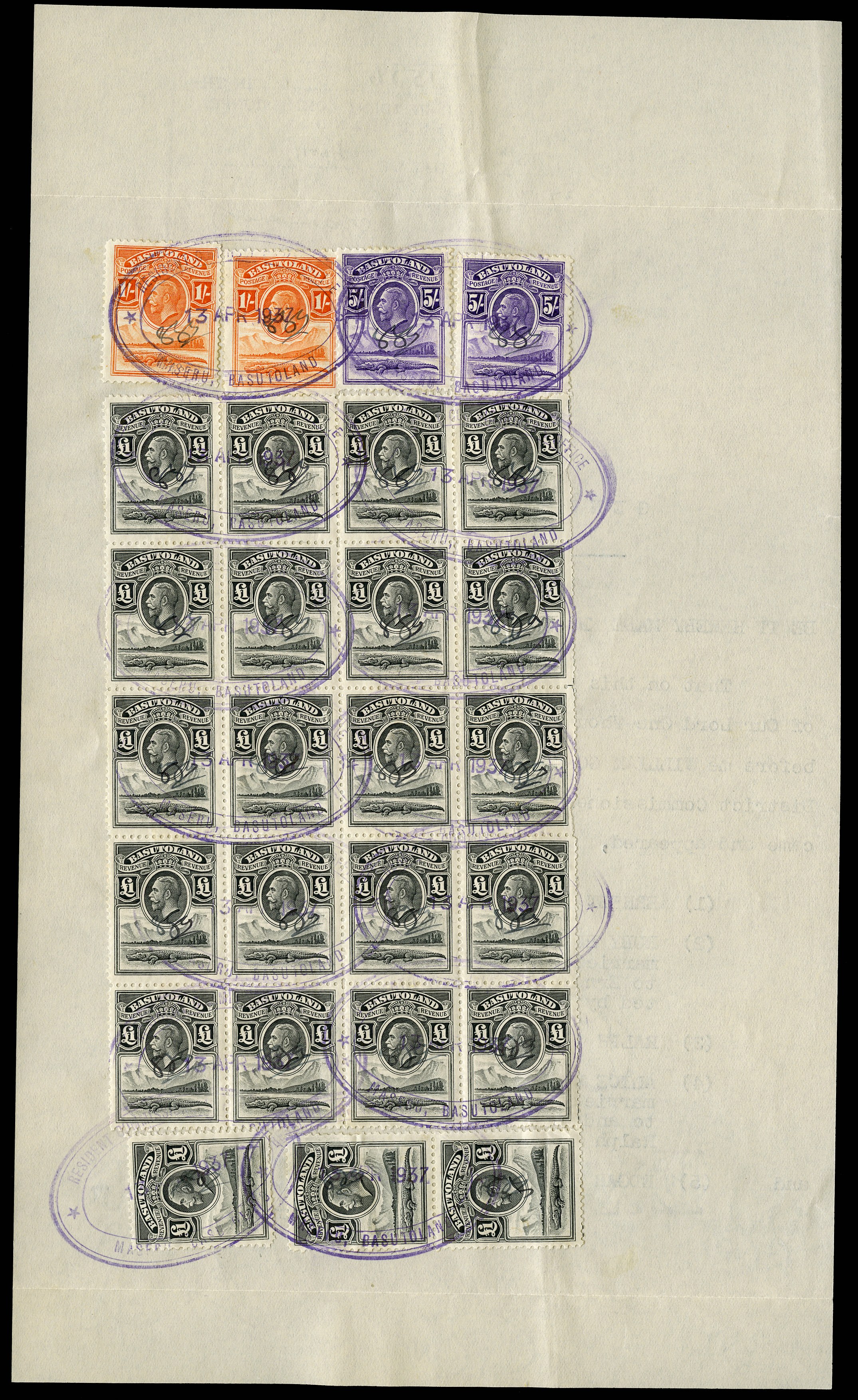 BASUTOLAND 1937 Revenue document bearing KGV £1 black BLOCK OF 20
