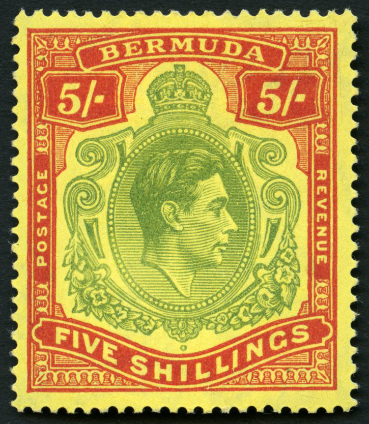 Bermuda 1948 (Jun.) 5/- pea-green and carmine on pale yellow paper, u/m. SG 118d var/CW 13c