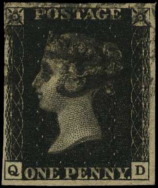 1840 1d black, Plate 5, (QD), four clear...