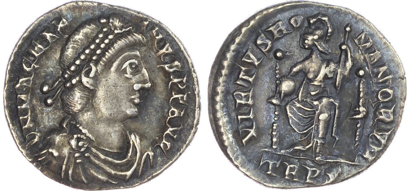 Magnus Maximus (AD 383-388) AR Siliqua, mint of Trier, 1.98g. DN MAG MAX-IMVS P F AVG, diademed, draped and cuirassed bust