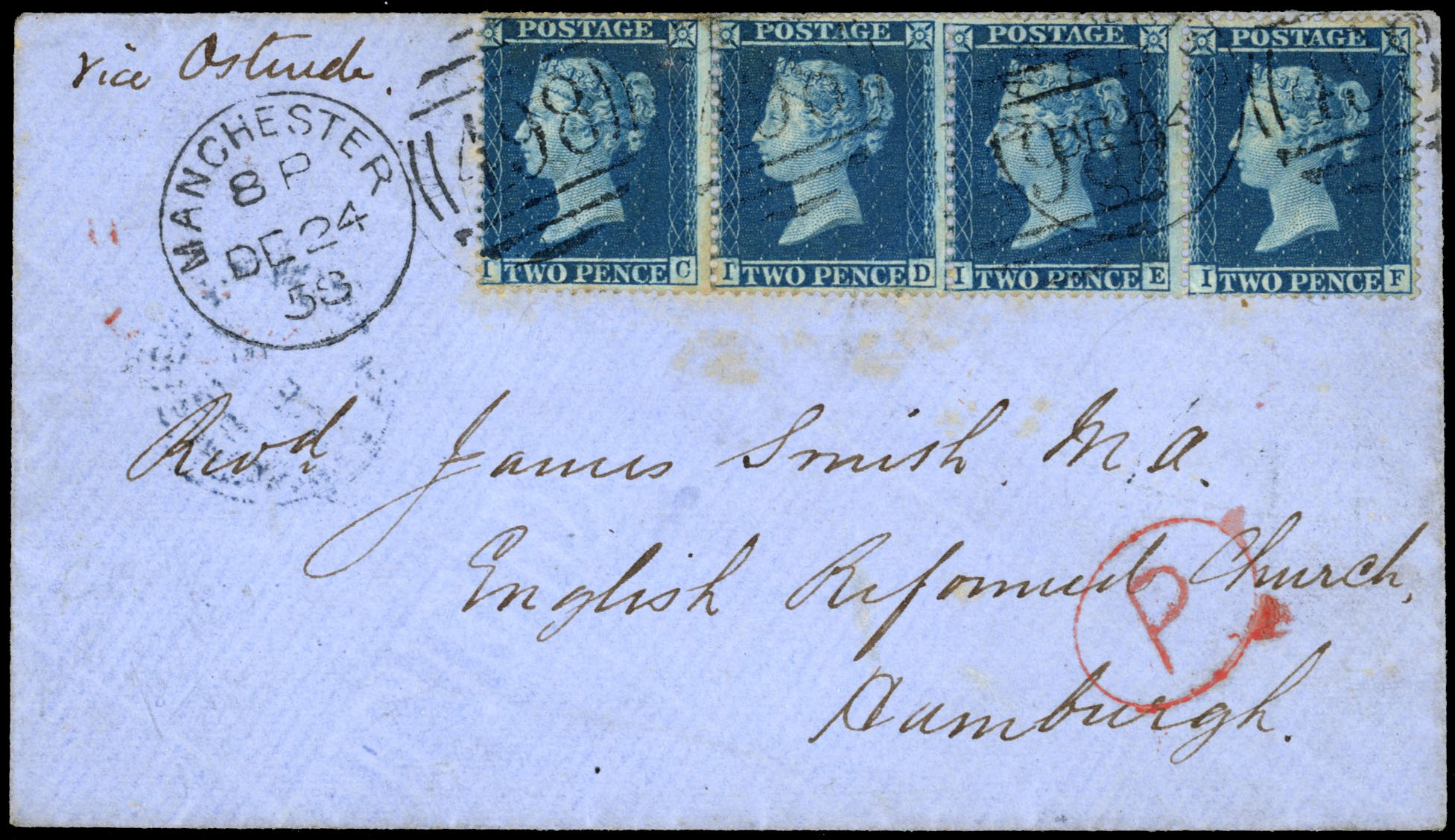 GB 1858 2d deep blue cover to Hamburg