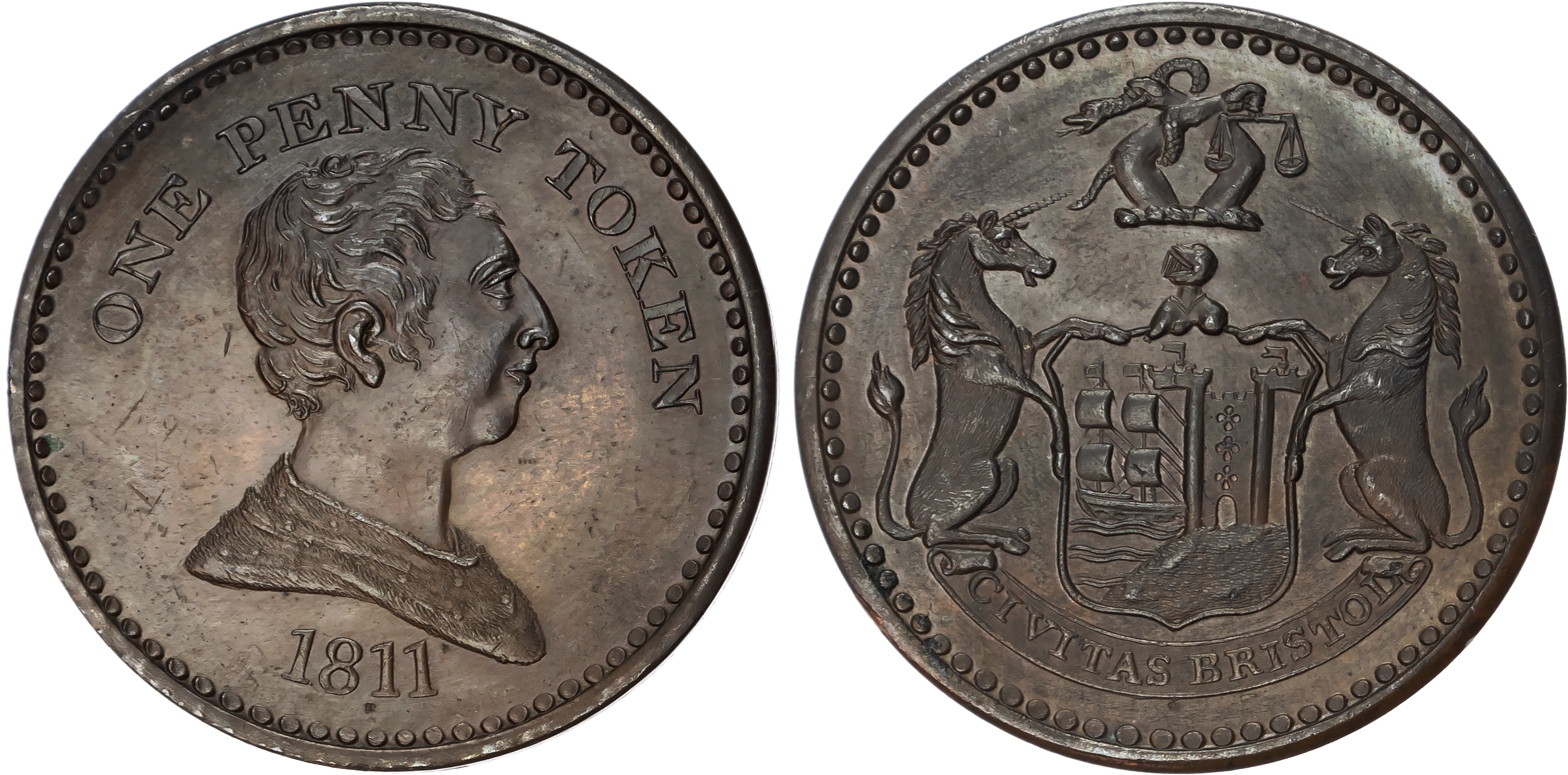 BRISTOL, Som . Unknown Issuer Penny 1811, Draped bust of George III right, rev. Arms of the City of Bristol, e…