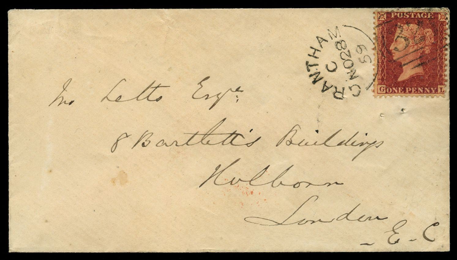 1857 1d Rose red Pl.36. Very fine used example lettered GL, neatly tied to an uncreased envelope by a Grantham "321" type...