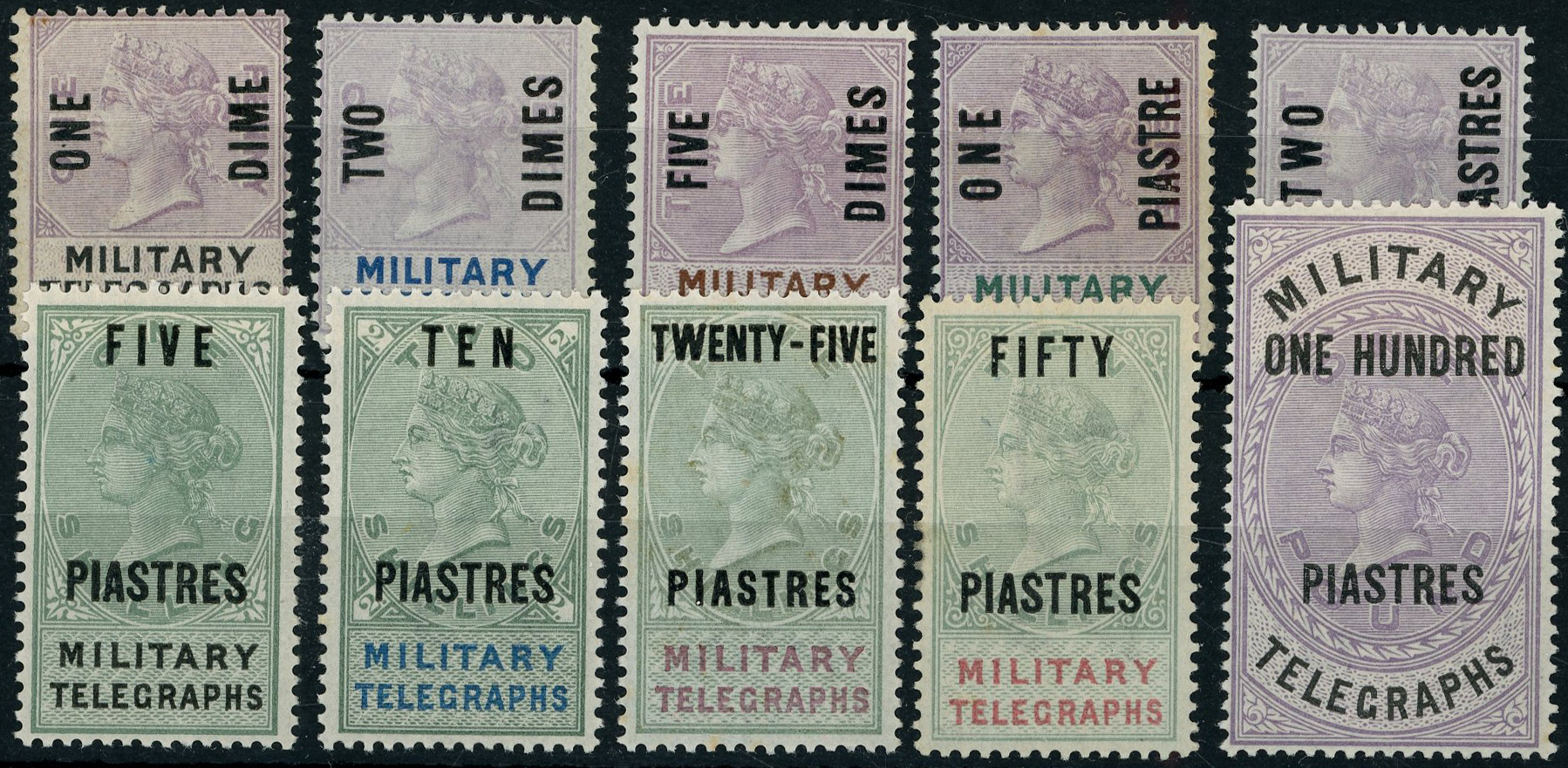 Military Telegraphs 1887 set of 10 to 100pi on £1
