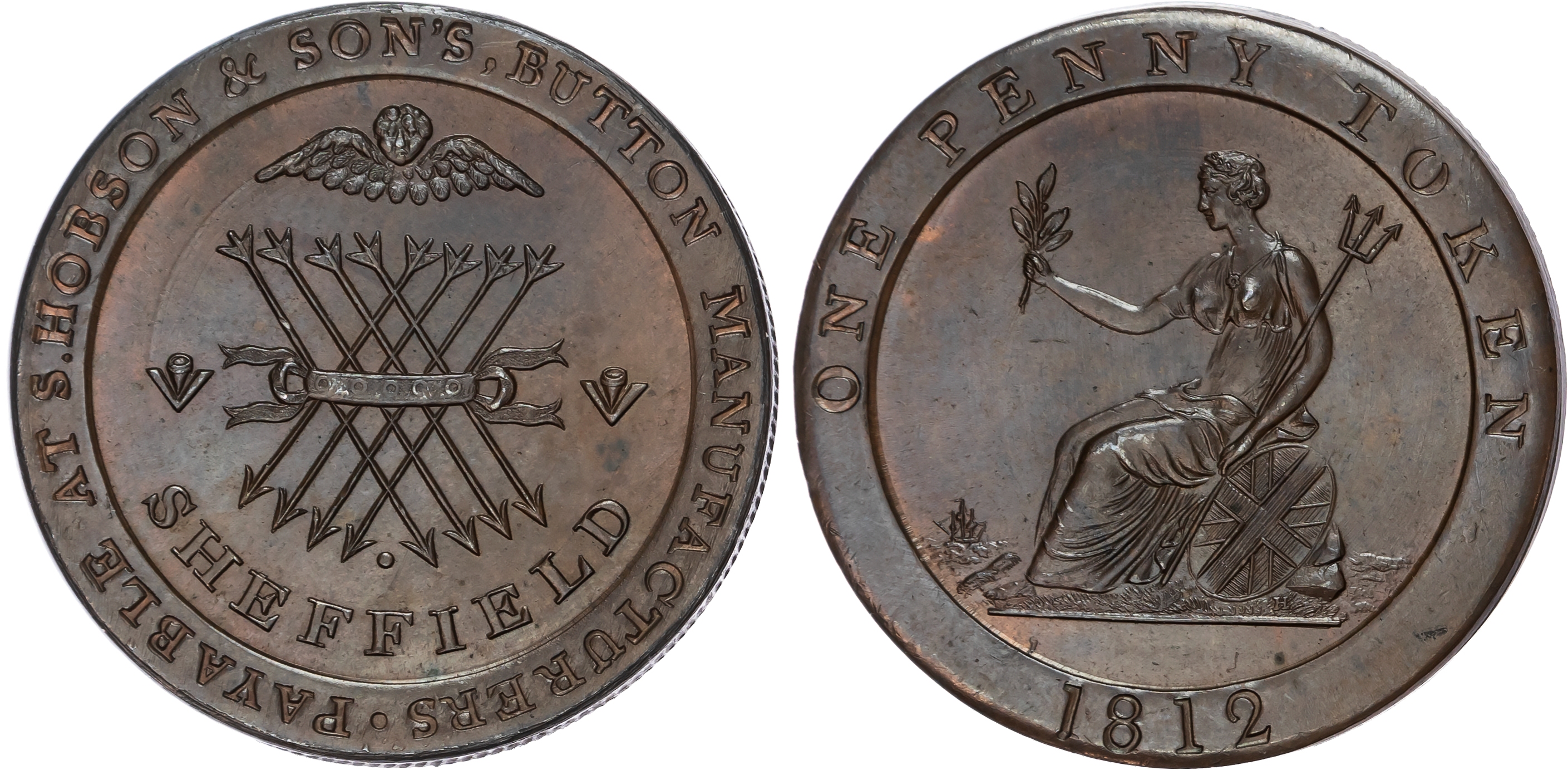 SHEFFIELD , Yorks. Samuel Hobson & Sons (gilded, plated and pearl button manufacturers) Penny 1812, Arms of Sh…