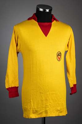 Yellow ASG Vorwarts Leipzig no.13 home jersey, circa 1970s,
 Festricot, long-sleeved with club crest and reverse numbered 13, no size, some colour fad