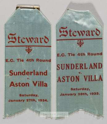 Two Sunderland stewards' silk badges, 
 comprising v Aston Villa 28th January 1933 for E.C. tie fourth round and v Aston Villa 27th January 1934 for E