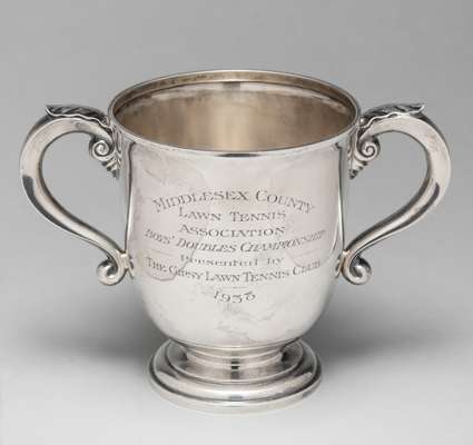 Large silver trophy cup Middlesex Boys’ Doubles trophy cup with Fred Perry listed as a winner, presented by The Gypsy Lawn Tennis Club, 
 a large and 