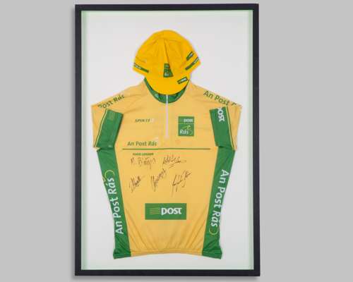 Marcin Bialoblocki autographed yellow Team UK Youth An Post Ras cycling jersey and cap, 2013