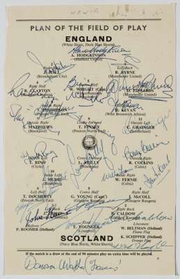 Signed England v Scotland team line-up page from match programme featuring Duncan Edwards, played at Wembley 6th April 1957,
 signed in blue ink by 22