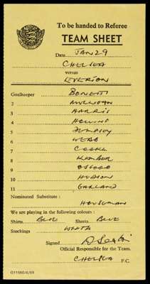Official Football League team sheet: Chelsea v Everton 29th January 1972, hand-written Chelsea line-up, confirmation of playing colours and signed-off