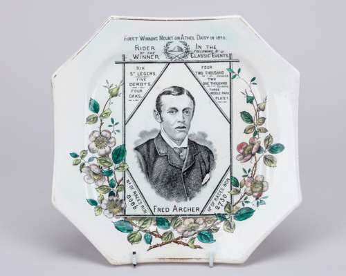 Octagonal Staffordshire pottery plate commemorating the jockey Fred Archer circa 1886
