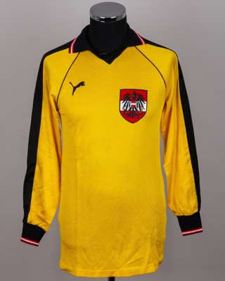 Herbert Feurer yellow and black No.21 Austria match issued goalkeepers shirt, 1982