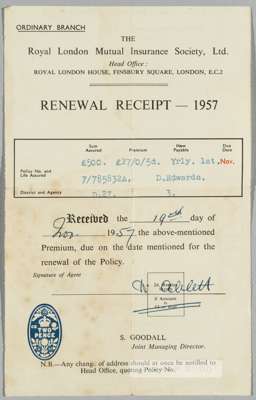 A renewal receipt for a life assurance policy taken out by the Manchester United footballer Duncan Edwards on 19th November 1957, three months before 