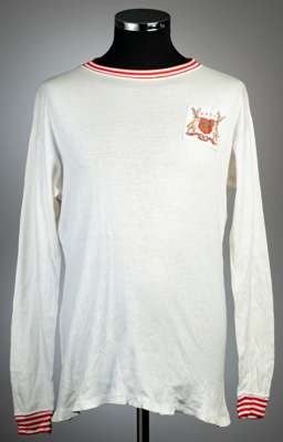 White Nottingham Forrest no.3 away jersey, circa 1970,
 Umbro 'Aztec', long-sleeved with red and white elasticated collar and cuffs, club crest badge,