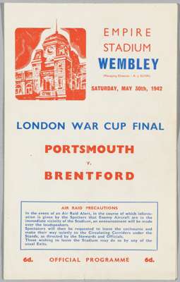 Portsmouth v. Brentford, War Cup Final programme, 30th May 1942

 Vertical fold through centre, pencil marks on centre page