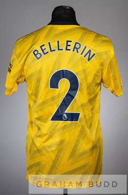 Hector Bellerin yellow and navy Arsenal no.2 away jersey season 2019-20,
 short-sleeved with THE EMIRATES FA CUP sleeve badge, club crest and sponsor 