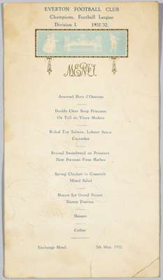 Signed Everton FC Football League Division One Champions menu 1932-33, 
 single card printed on the front and signed in pencil and black ink by 11 att