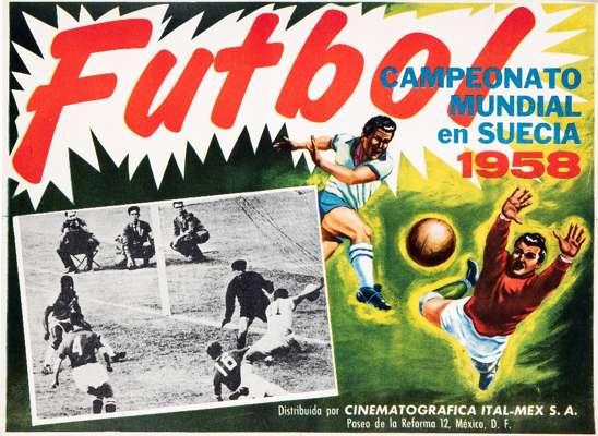 Mexican poster promoting a cinema screening of the1958 World Cup,  graphic art and photography but featuring different b&w photographs in the bottom l