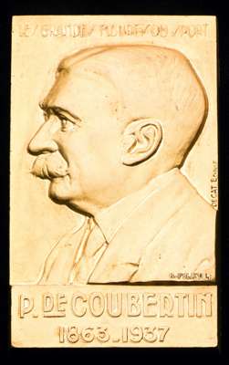 A Pierre de Coubertin memorial medal plaque, in gilt-bronze, signed R. Pelletier