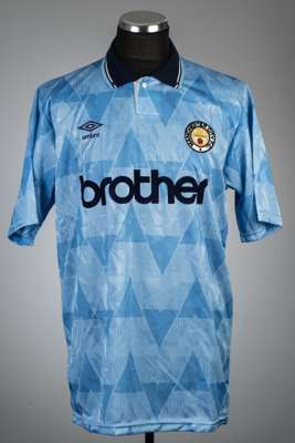Blue Manchester City no.3 home jersey, season 1989-90,
 Umbro, short-sleeved with embroidered club crest and Umbro logo, sponsor's logo, reverse numbe
