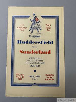 Huddersfield Town v. Sunderland, F.A.Cup Semi-Final match programme, 26th March 1938
 at Ewood Park