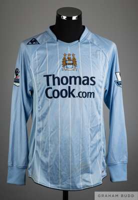 Darius Vassell sky blue and pinstripe No.12 Manchester City match worn long-sleeved shirt, 2007-08, 
 Le Coq Sportif, L, with v-neck style collar and 