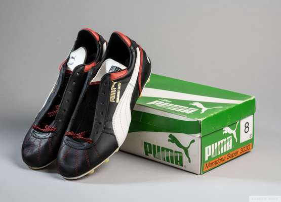 Pair of vintage Puma Maradona Super football boots, 
 size 8, black, white and red in unworn condition, in original box