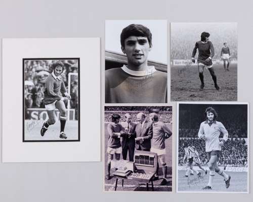 A collection of five George Best autographed black and white press photographs