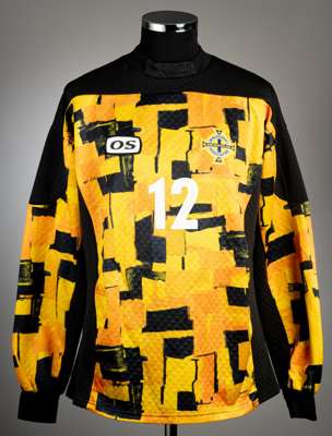 Orange, yellow and black multi patterned Northern Ireland no.12 goalkeepers jersey circa 1998,
 O'Neill Sports, long-sleeved with national emblem, num