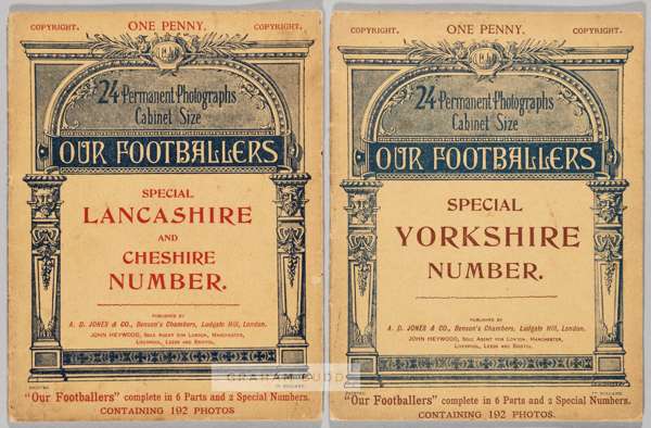 Two Our Footballers publications for Yorkshire and Lancashire & Cheshire, circa 1896,
 each with b & w images of footballers, published by A D Jones, 