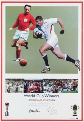 A double-signed George and Ben Cohen World Cup winners photographic print, signed by uncle & nephew, the England 1966 football and England 2003 Rugby 