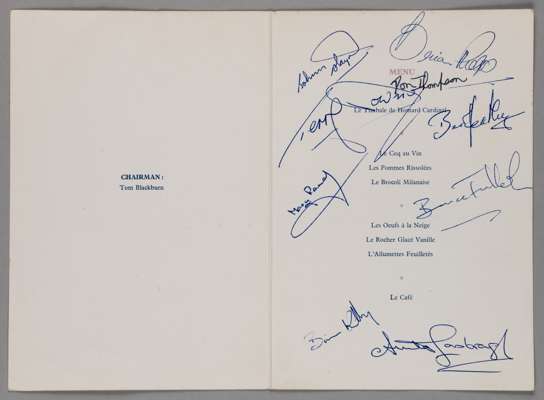 Autographed menu from the 1962 Daily Express Sportsman of the Year awards luncheon,
 held at the Abraham Lincoln Room, Savoy Hotel, London, 14th Decem