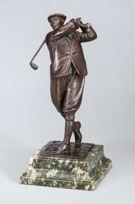 Harry Vardon bronze figural sculpture by Garrard & Co Ltd.,
 depicting Harry Vardon following through on his golf swing, standing on a bronze plinth m