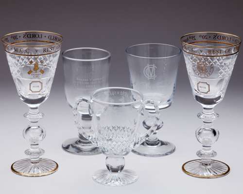 Dickie Bird pair of Marylebone v. Rest of the Word commemorative bicentenary glasses
