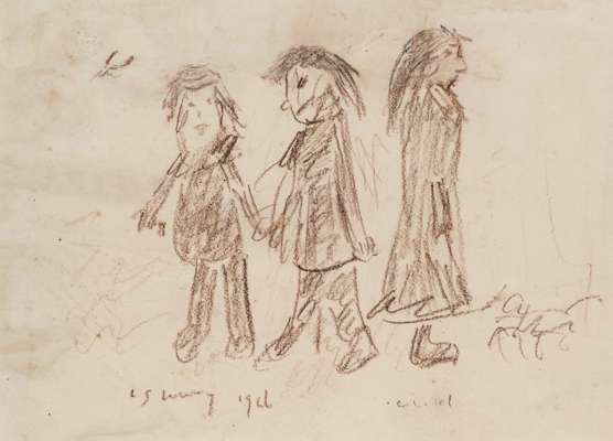 Laurence Stephen Lowry RBA RA (1887-1976) 'The Three Figures' 
 Original red chalk drawing Signed L S Lowry and dated 1966
 Measures unframed 25 by 18