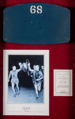 Original Wembley Stadium seat back no.68 display with signatures of Manchester United 1968 European Cup legends,
 the blue painted seat back numbered 
