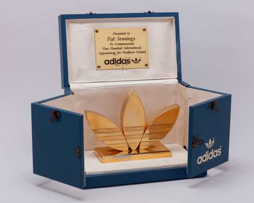 Pat Jennings rare yellow-metal Adidas 100 International Appearances presentation award 