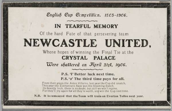 English Cup Competition 1905-1906 humorous postcard relating to the FA Cup final between Newcastle United's v Crystal Palace on 21st April 1906,
 in t