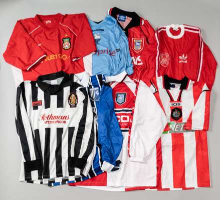 Collection of 14 vintage replica British football jerseys, 
 Nottingham Forest, Blyth Spartans, Altrincham, Berwick Rangers, Spennymoor United, Presto