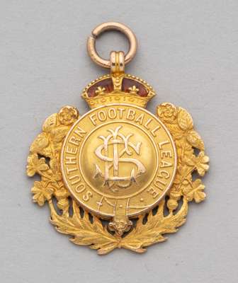 A 15ct gold and enamel Southern Football League medal, 
 the obverse inscribed Southern Football League, the reverse inscribed with initials J.B., wit