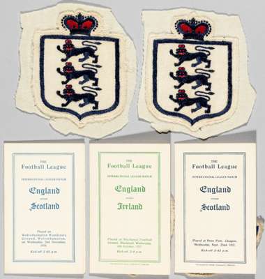 Group of memorabilia relating to the England international footballer Bert Sproston,
 comprising two England three lions shirt badges, both with shirt