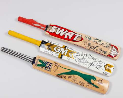 Three autographed cricket bats; England, New Zealand and West Indies
