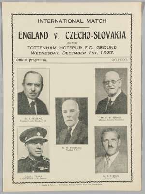 England v Czechoslovakia international match programme, played at Tottenham Hotspur on 1st December 1937,
 two-page programme with team line-up on cen