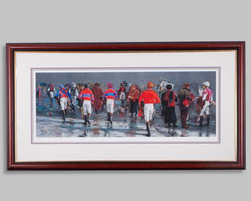 Jay Boyd Kirkman (b.1958) print of jockeys returning to the weighing room on a rainy day