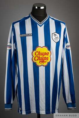 Adam Proudlock blue and white No.28 Sheffield Wednesday long-sleeved shirt, 2002-03, 
 Diadora, 46/48, with v-neck collar and embroidered cloth badge 