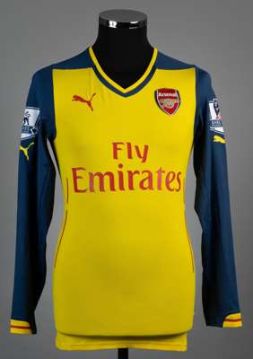 Alexis Sanchez yellow and blue No.17 Arsenal v Liverpool long-sleeved match worn jersey, 2014-15, 
 Puma, M, with v-neck collar and printed badge, the