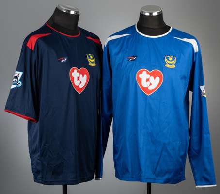 Two Portsmouth football jerseys,
 comprising Alexey Smertin signed blue no.30 jersey, season 2003-04, Pompey Sport, long-sleeved with BARCLAYCARD PREM