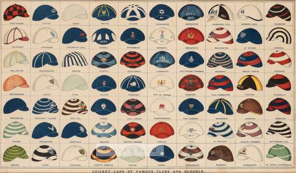 Two Boy's Own Paper lithographs of "Cricket Caps of Famous Teams" and "Cricket Caps of Famous Clubs and Schools", circa 1900,
 the first featuring int
