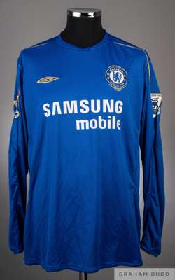 Didier Drogba signed blue and gold No.15 Chelsea long-sleeved Centenary shirt, season 2005-06, 
 Umbro, XXL, the sleeves with Barclays Premiership Cha